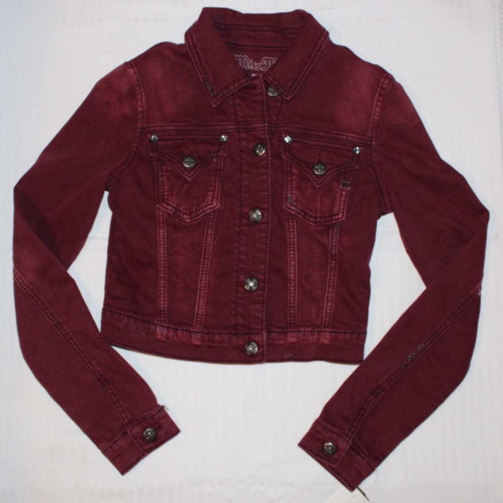 NWT Miss Me Cabernet Fleur Cross Denim Jacket